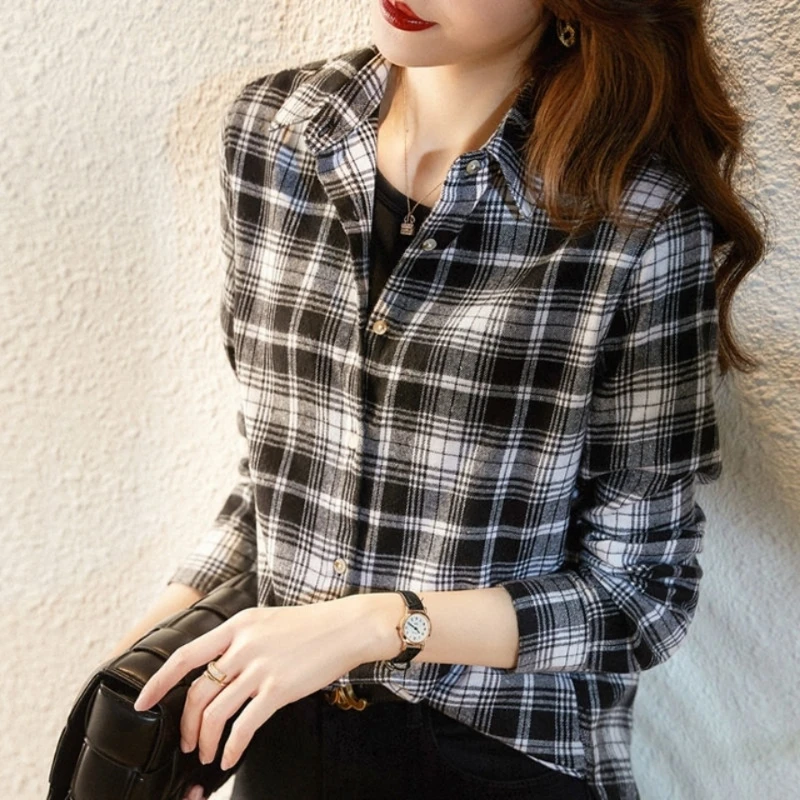 Women\'s Shirt New Spring Autumn Long Sleeve Single-breasted Polo-neck Casual Printing Plaid Office Lady Elegant Fashion Cardigan