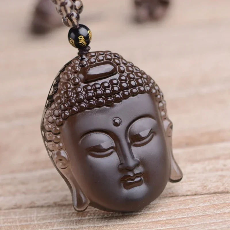 Crystal engraved pendant, Sakyamuni natural ice obsidian Buddha head pendant necklace for men and women