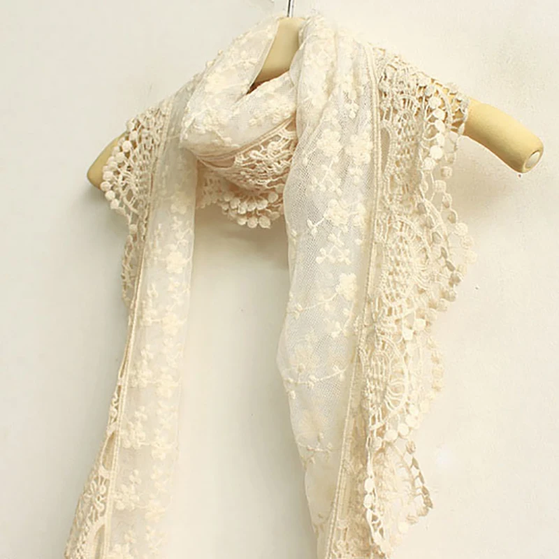 

New Elegant Women Long Scarf Embroidery Floral Crochet Mesh Lace Trim Shawl Scarves Fashion Lolita Princess Sweet Beige Scarf