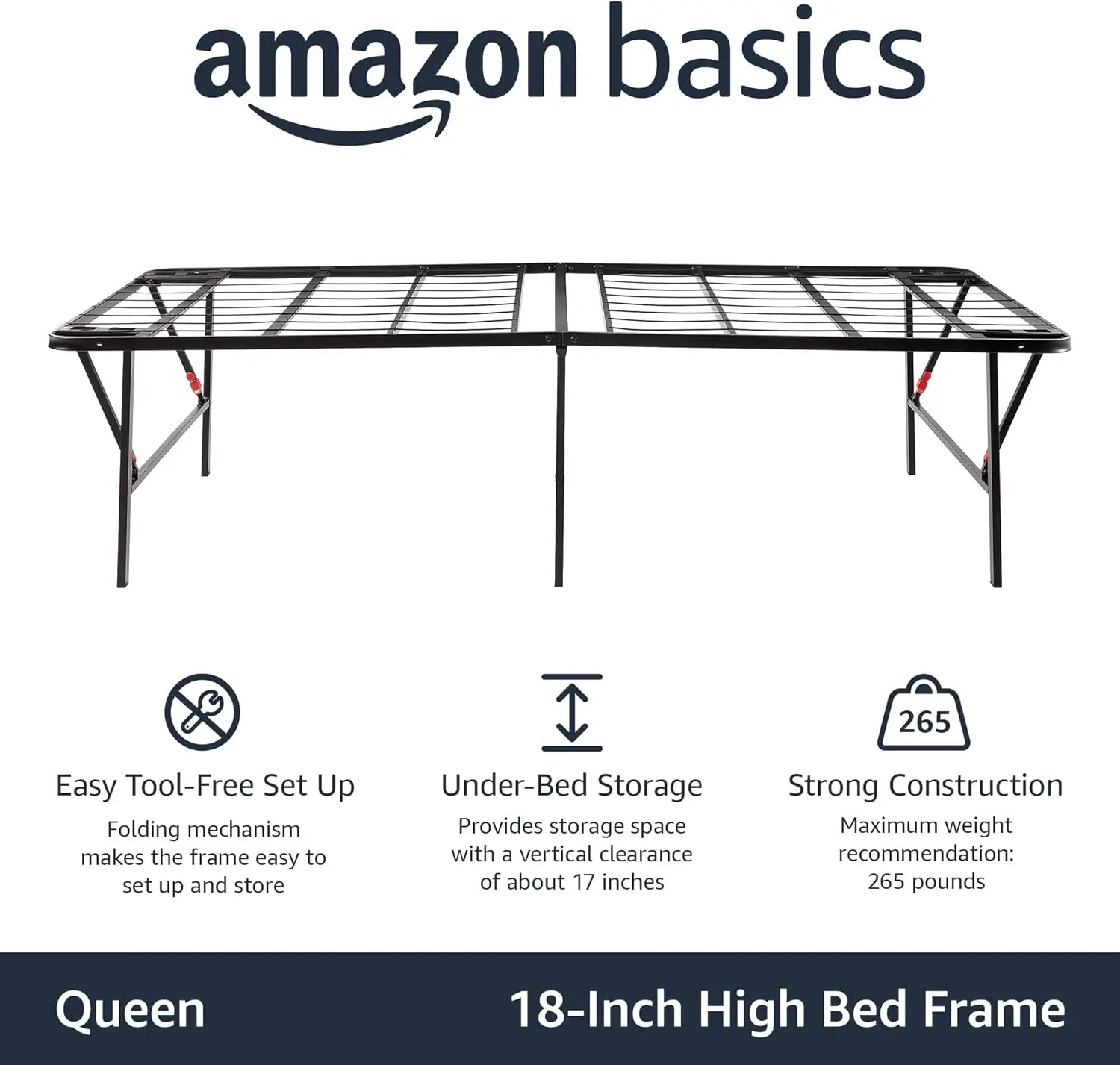 Basics Marco de cama con plataforma de metal con instalación sin herramientas, 18 pulgadas de alto, estructura de acero resistente, no necesita somier