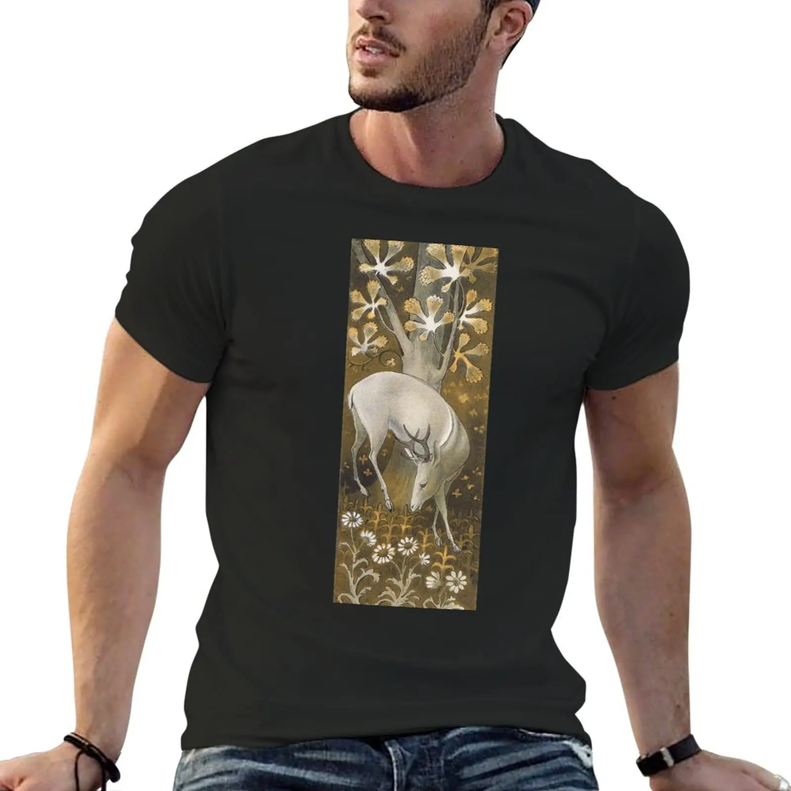 

White Deer in field of white and gold flowers. Vintage illustration. T-Shirt tees customs design your own shirts graphic tee men