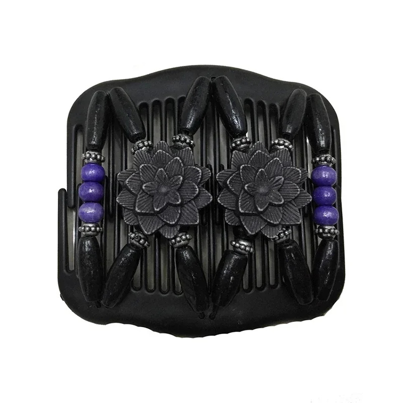 أمشاط شعر بلاستيكية سهلة المشبك، أمشاط تمديد مزدوجة مع خرزة خشبية، زهرة، إكسسوار للشعر لأنماط الشعر، شعر كثيف ورقيق