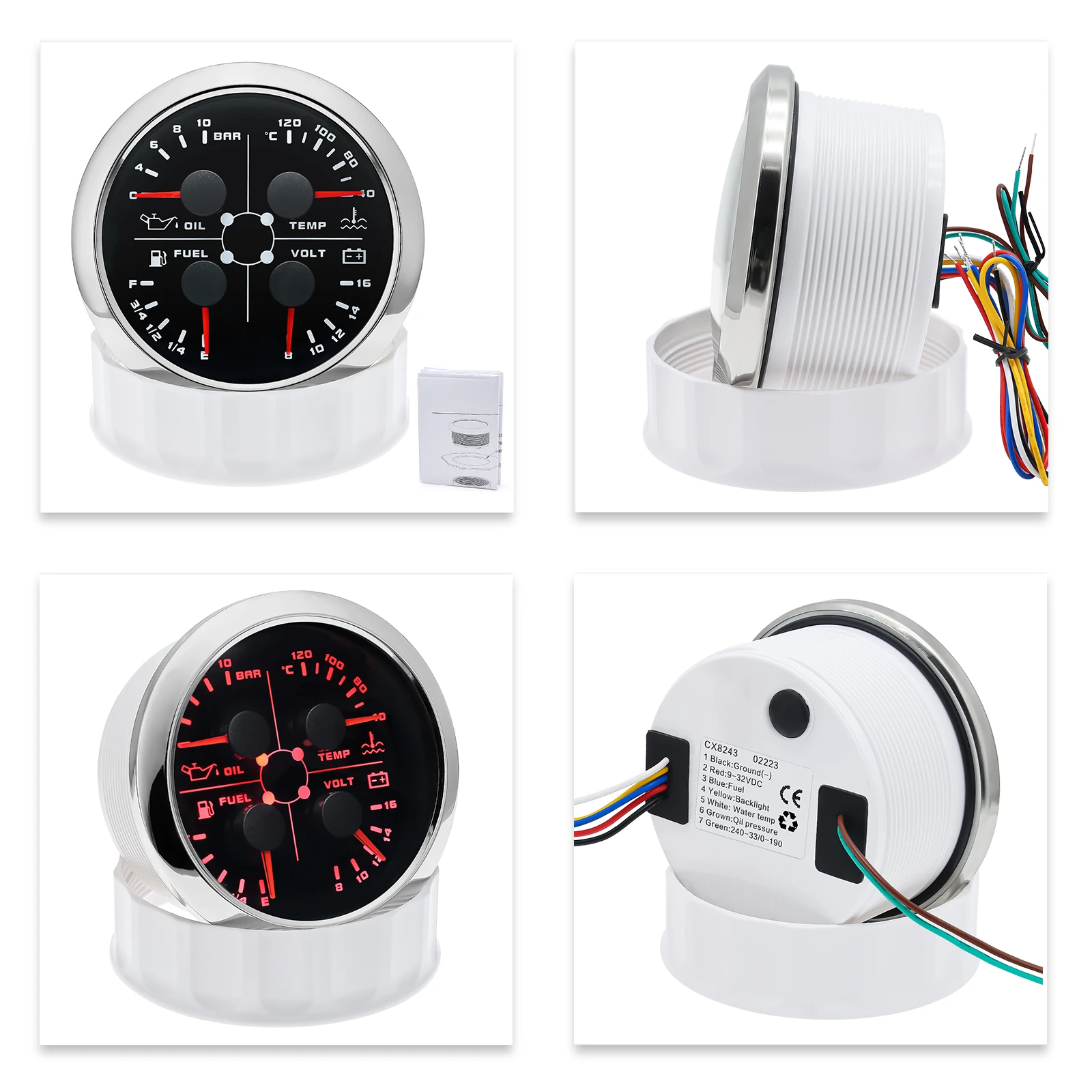 ZMFJH Multimeter 85MM Oil Pressure+Fuel Level Gauge+Water Temperature+Voltage with Flash Alarm 7Color Light 0-190ohm Fuel Sensor