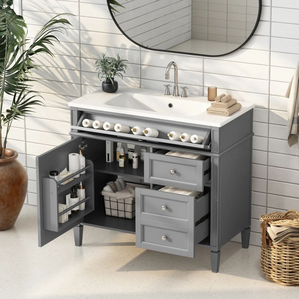 36'' Bathroom Vanity with Top Sink, Modern Bathroom Storage Cabinet with 2 Drawers and a Tip-out Drawer, Single Sink Bathroom