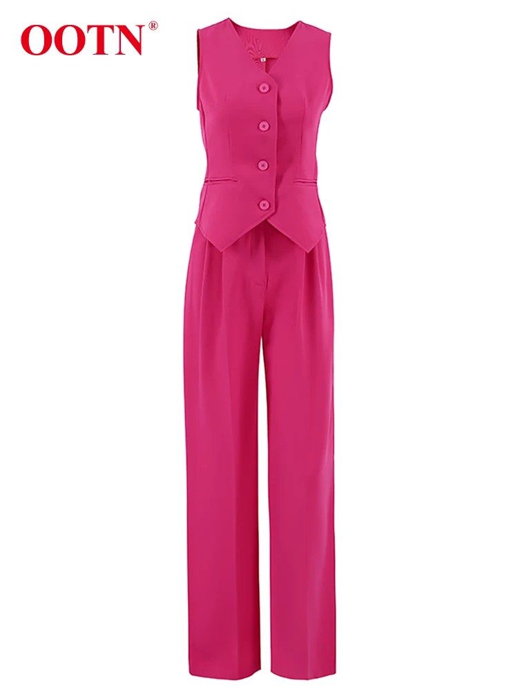 OOTN Button Vest Outfit Office Ladies Women Summer 2024 Pink Elegant Blazer 2 Pieces Sets High Waist Wide Leg Pants Suits Female