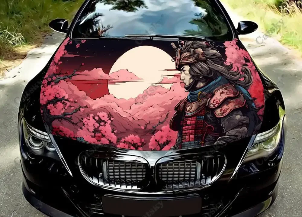 Japanese Samurai Watch Sunset Car Hood Vinyl Stickers Wrap Vinyl Film Engine Cover Decals Sticker on Car Auto Accessories