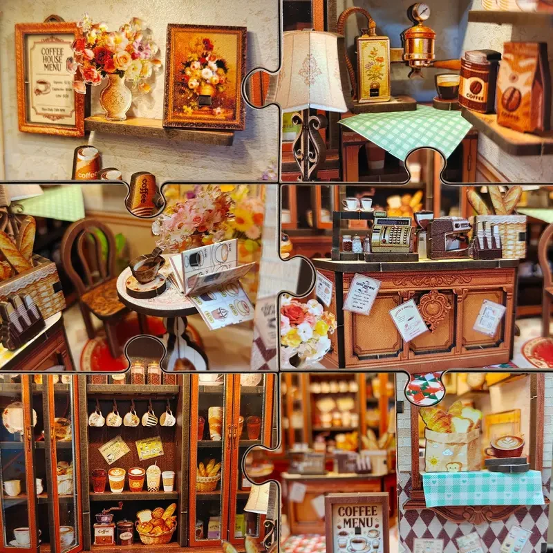 DIY Model Kits Pavilion Coffee Casa 3D Puzzle Wooden Miniature Dollhouse With Furniture Lights for Friends Birthday Gifts view 5