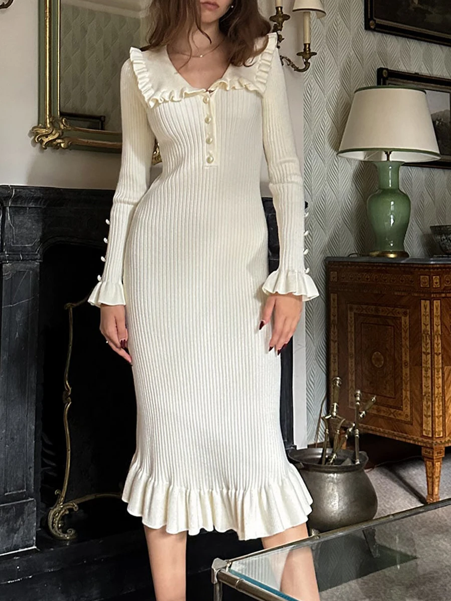 

New Fashion Women Knitted Long Sleeve Dress Casual Solid Color Ruffle Hem Party Dress For Beach Cocktail Club Streetwear