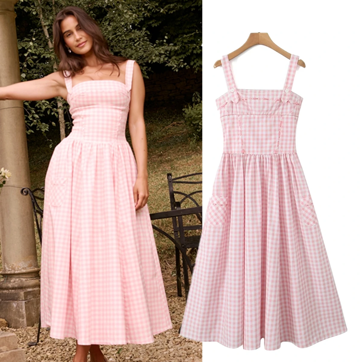 

Jenny&Dave French Minimalist Retro Tank Dress Elegant Party Tank Dress Women Pink Checkered Sleeveless Long Dress