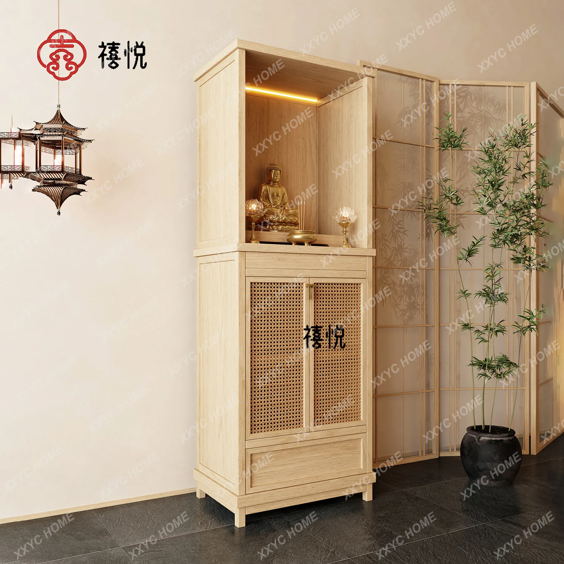 Ash wood household with door Buddhist cabinet living room Zen offering table God of Wealth Buddhist platform