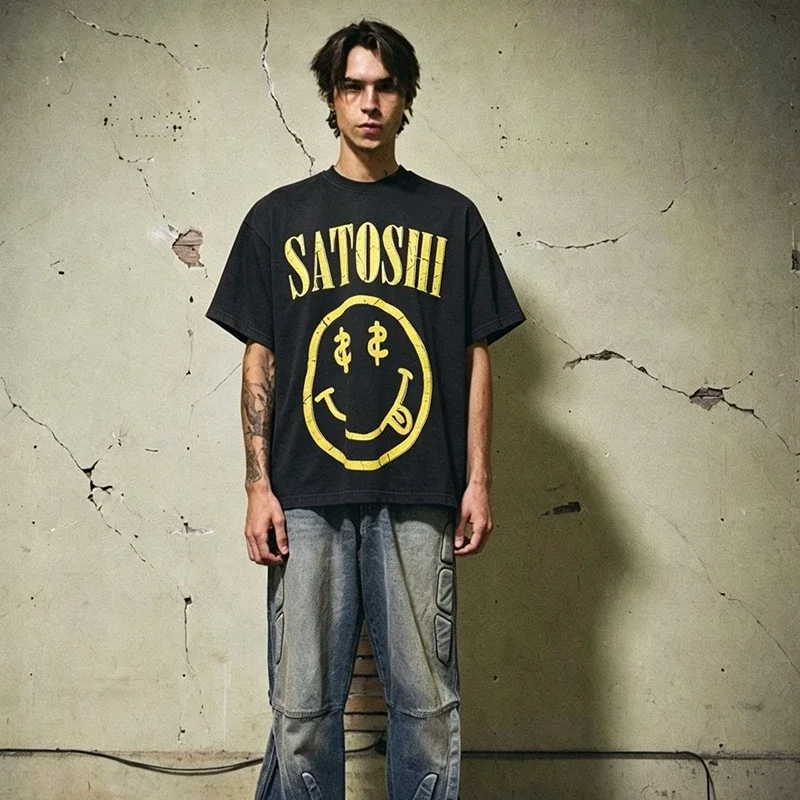 Smiley Face Printing Satoshi Tshirt Men Women Street Shoulder Hole Tee Loose High Quality Short Sleeve