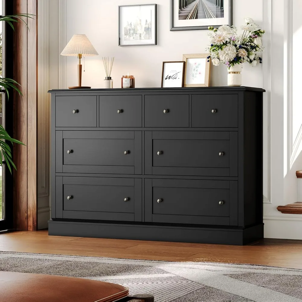 

Black Dresser with 8 Drawer, 47.2" Black Dressers & Chest of Drawers with Large Storage, Wood Dresser with Deep Drawers, Long D