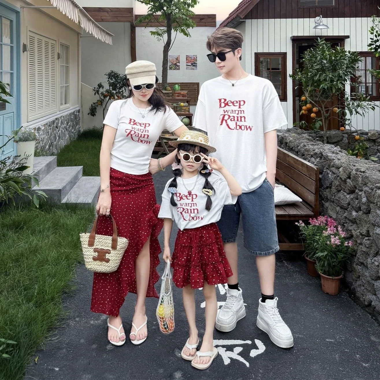 2026 Summer Family Matching Outfits Letter Print T-Shirts Mommy and Me Tees Dad & Kid Casual Tops with Polka Dot Skirt