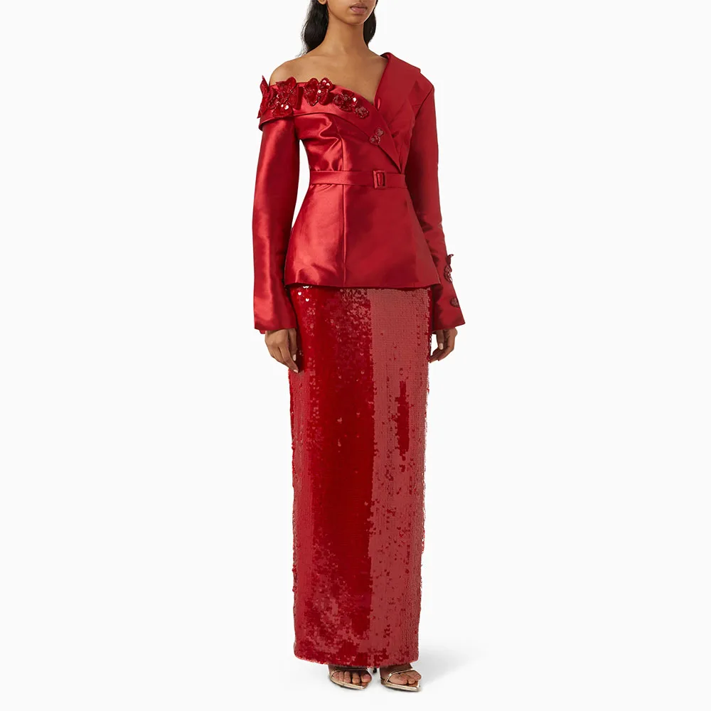 Robe de bal fourreau à paillettes personnalisée, asymétrique épaule dénudée, manches longues, robe de soirée de mariage formelle, longueur cheville, robe saoudienne