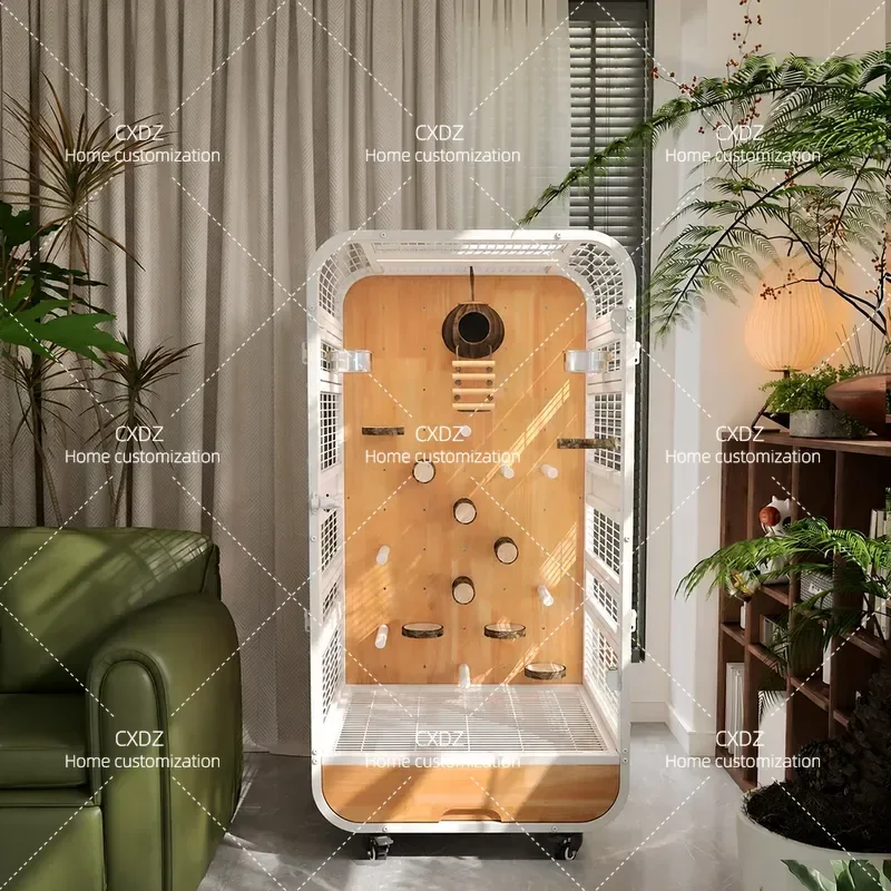 Luxury Solid Wood Parrot Cage Panoramic Bird Villa Ecological Cabinet with DIY Station Pole for King Kong Monk Parakeet Gray