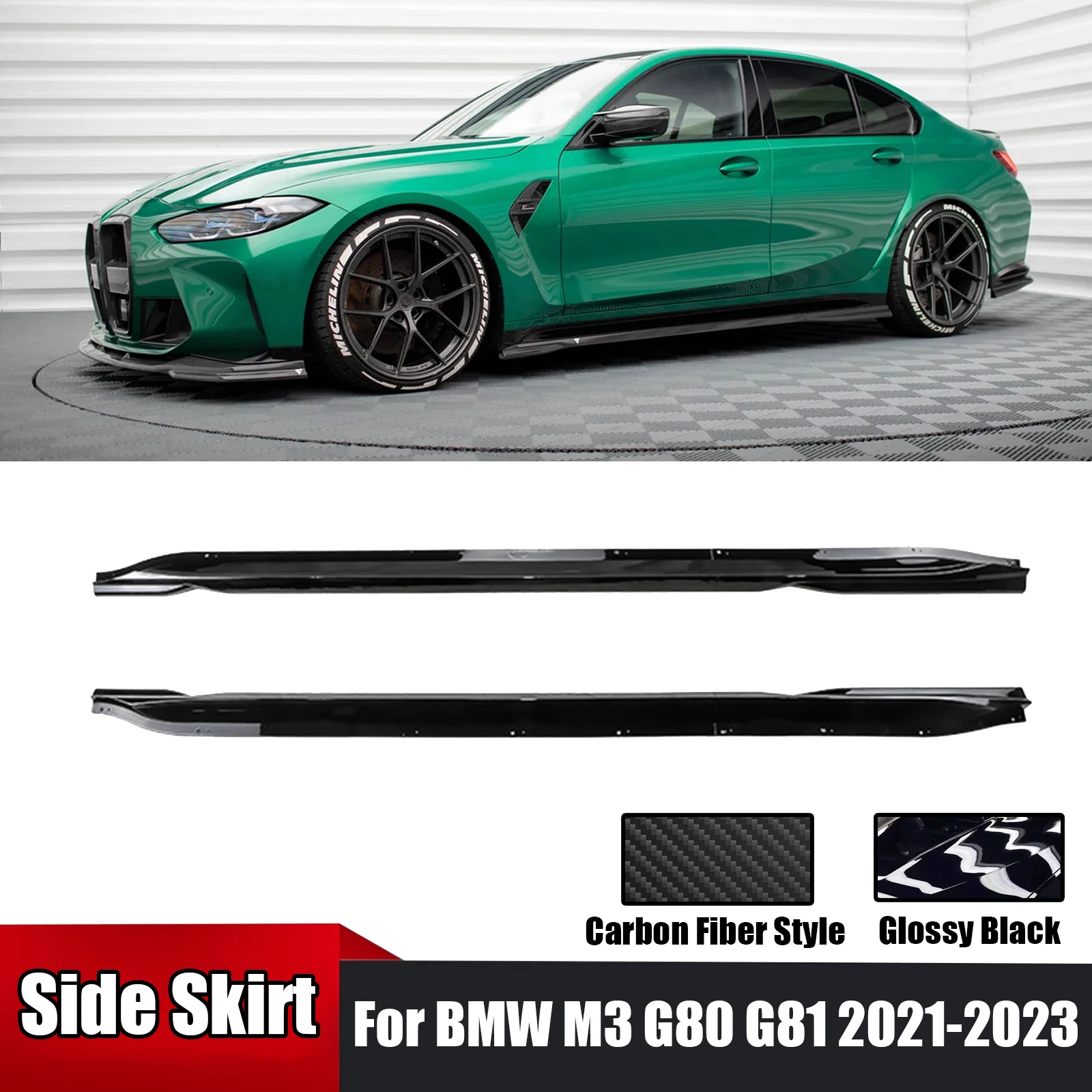 A Set Car Side Skirt  For BMW M3 G80 G81 2021-2023 Spoiler Splitter Diffuser Body Kit Protection Carbon Fiber Look Maxton Style