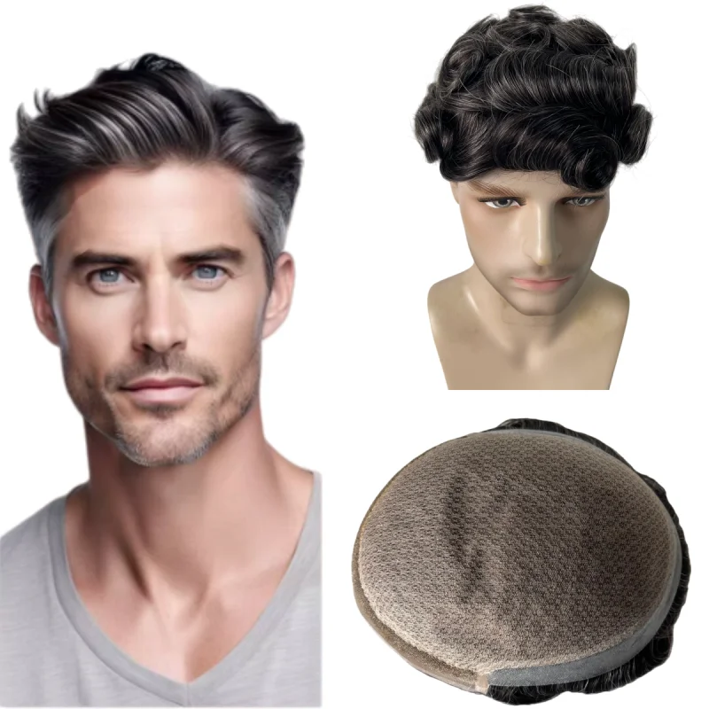 أنظمة الشعر البشري البرازيلي العذراء # 1b30 رمادي 32 ملم موجة 7x9 شعر مستعار حريري أمامي للرجال