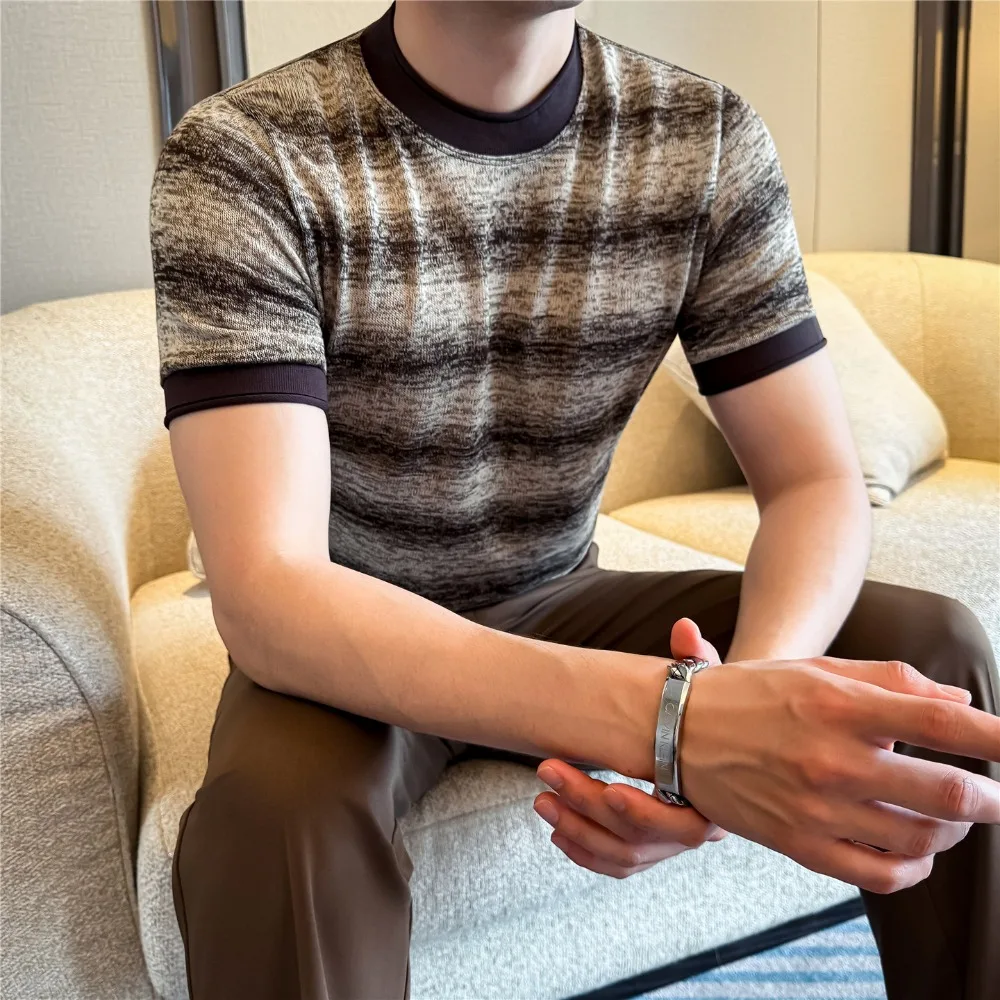 Gradient Tie Dye Short Sleeved T-shirt Men Summer Ice Silk Breathable Striped Slim Fit Casual T-shirts Social Streetwear Tee Top
