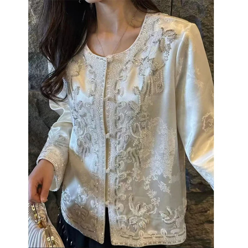 Spring and Autumn New Round Neck Long Sleeve Silk Linen Fabric Beading Embroidery Design Noble and Elegant Women's Coat S-XL