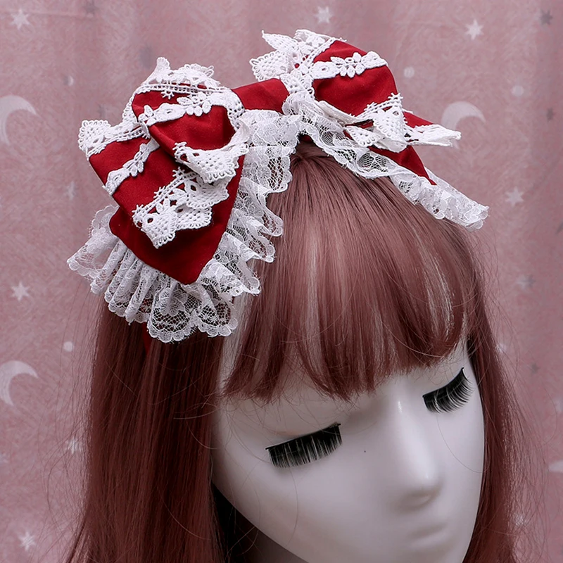 Sweet Lolita Lace Bowknot Headband Three Layer Ruffled Hair Hoop Headdress Maid Anime Cosplay Party Headwear Hair Accessories