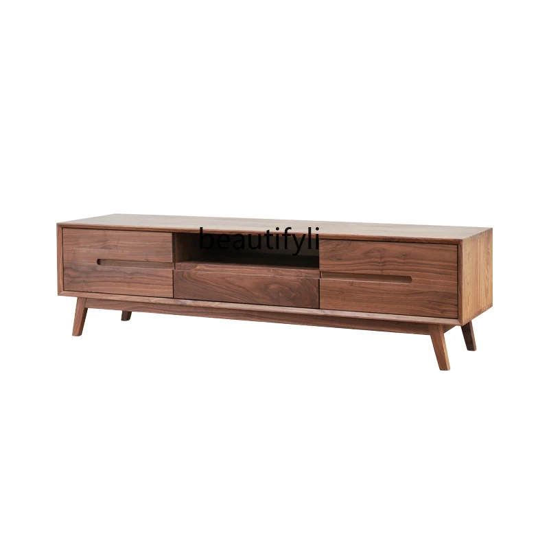 Nordic Black Walnut Solid Wood TV Cabinet Living Room Japanese-Style Solid Wood Log