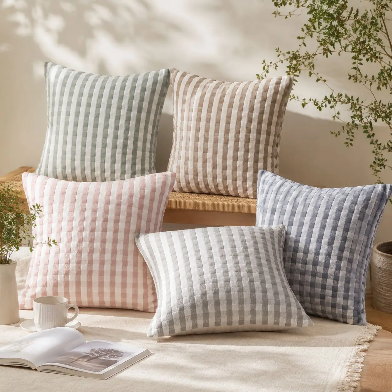 2Piece Summer Cooling Gingham Throw Pillow Cover Breathable Ice Woven Cushion Case Soft Checkered Decorative Pillowcase for Sofa