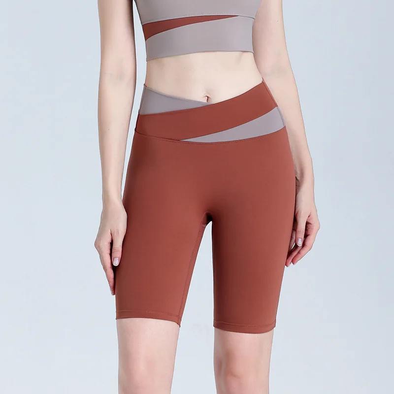 

2025 spot nude sports shorts women's high waist hip five-point pants fitness running elastic tight yoga pants summer