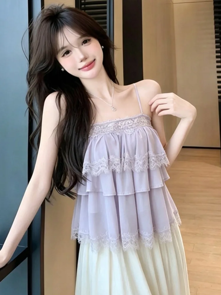 

Gentle Wind Layered Lace Trimmed Short Top Women's Summer New Design Irregular Strap Vest Feminine Style Loose Fit Citywalk