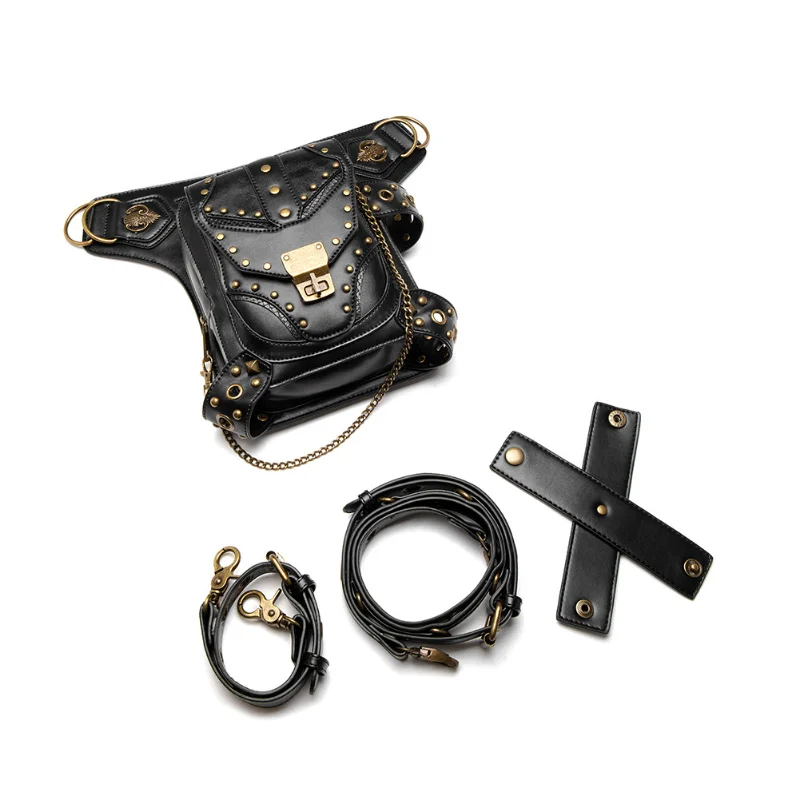 Chikage Steampunk Rivet Motorcycle Bag Women's One Shoulder Crossbody Bag Women's Chain Fanny Pack Vintage Style Waist Pack