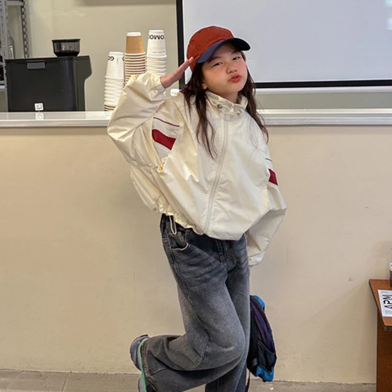Spring Autumn Kids Windbreaker Coat Teen Girls Color Block Zipper Long Sleeve Outerwear Children Loose Casual Jacket  123