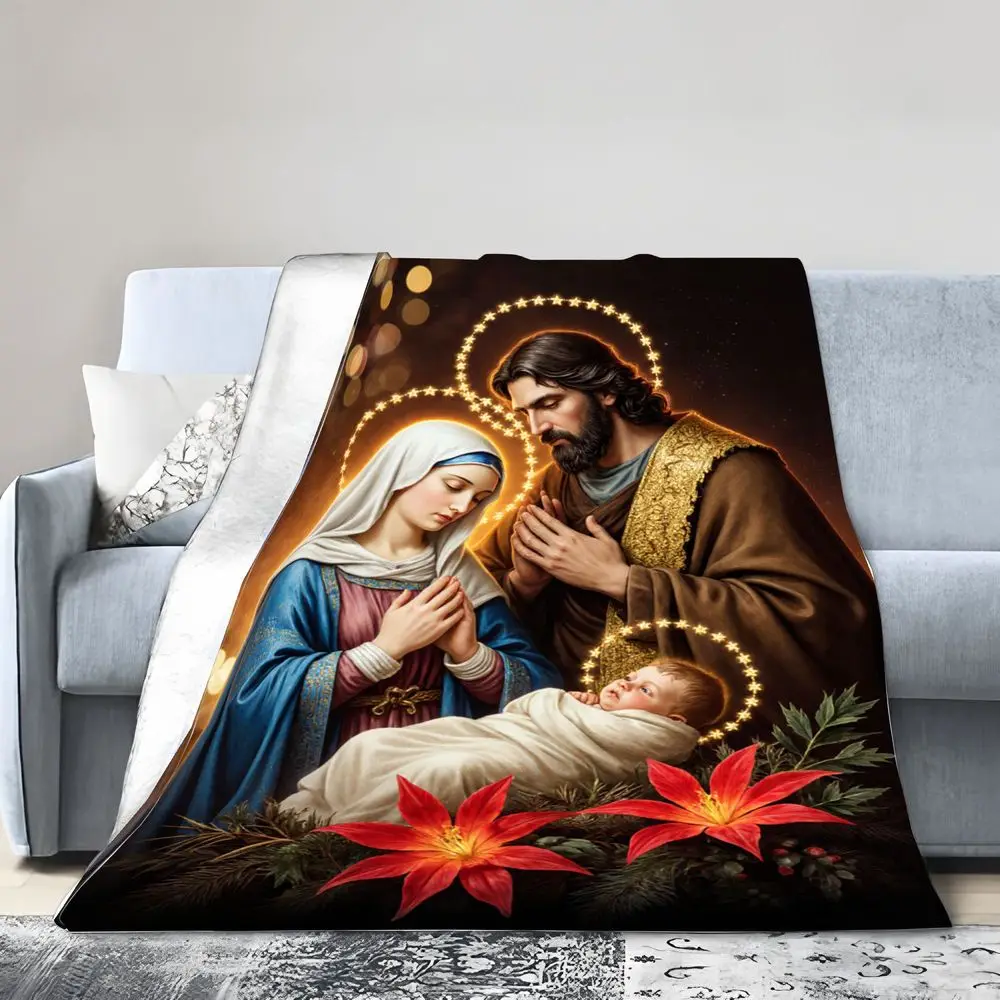بطانية دينية للعائلة المقدسة - رمي ناعم من الألياف الدقيقة يتميز بميزة ماري وزوزيف وطفل يسوع في مشهد عيد الميلاد الاحتفالي، إليجا