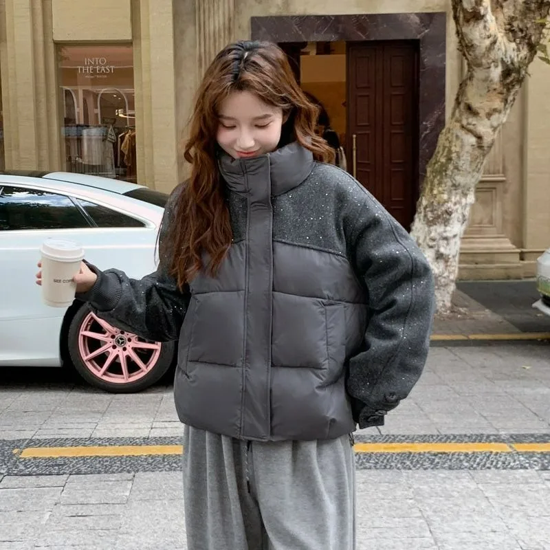 Design Sense Korean Shiny Sparkling Spliced Cotton Jacket Women Spliced Winter New Style Down Cotton Thick Warm Top Fashionable