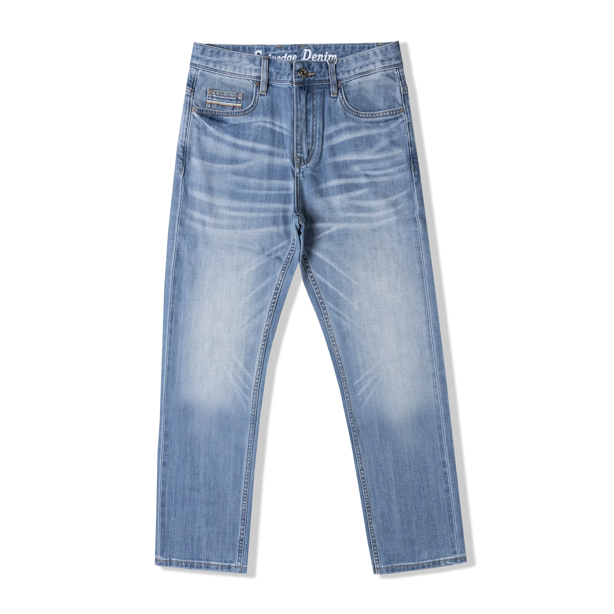 

Amekaji 14OZ Selvedge Stretch Denim Vintage Light Blue Washed Luxury Style Slim Fit Straight Commuter Jeans for All Seasons Men