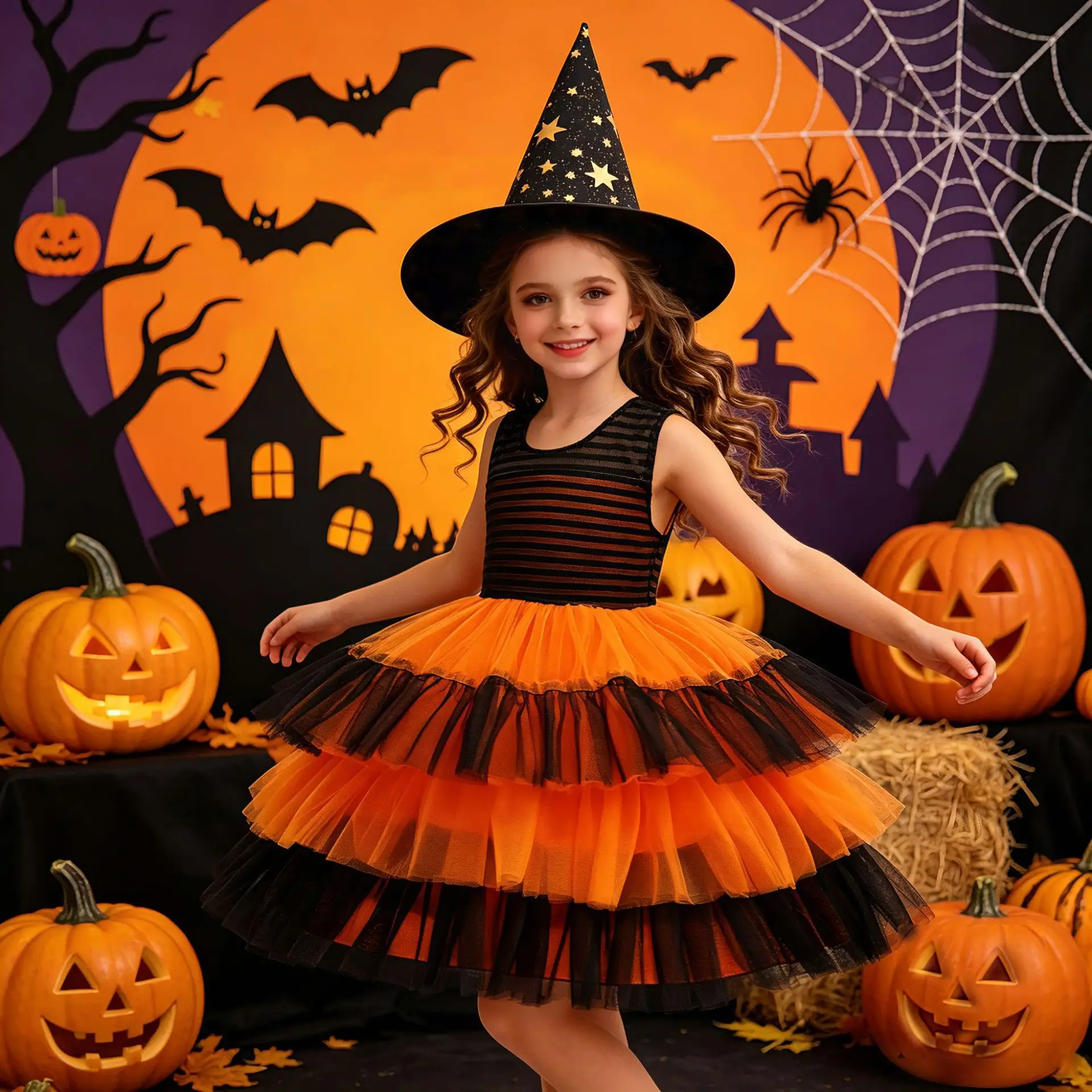 Girls Halloween Dress Pumpkin Costume Striped Sleeveless Layered Tulle Tutu Dress+Witch Hat +Candy Bag Cosplay Party Dress up