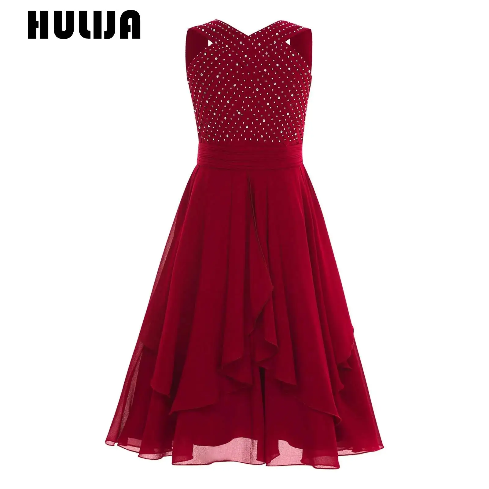 Flower Girl Dress Ruffled Chiffon Sleeveless Sparkly Rhinestone Party Dress for Princess Pageant Wedding Bridesmaid Birthday