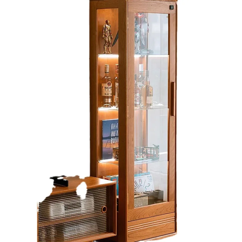 Nordic cherry wood blind box doll transparent glass dustproof figure display cabinet solid wood living room display storage wine