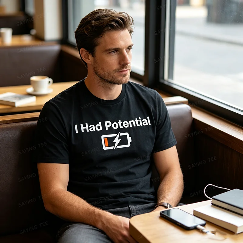 I Had Potential Funny Battery Low Charge Sarcastic T-Shirt Y2k Personality Joke Saying Tee Soft Cotton Short Sleeve T Shirts Top