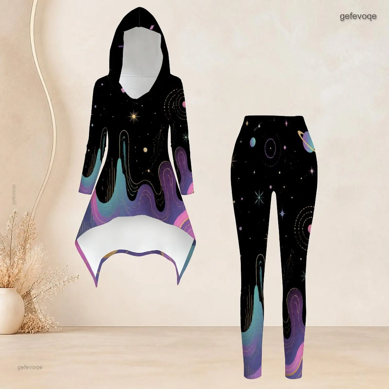 Fashion Women Casual 2 Piece Set Hooded Long Sleeve Hi Lo Asymmetrical Tunic Top Matching High Waist Slim Leggings T Daily Suit - view 4