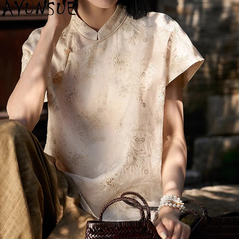 AYUNSUE Natural Mulberry Silk Women T Shirts New Chinese Style Tops for Woman Stand Collar T Shirt Summer Clothes for Woman Топ