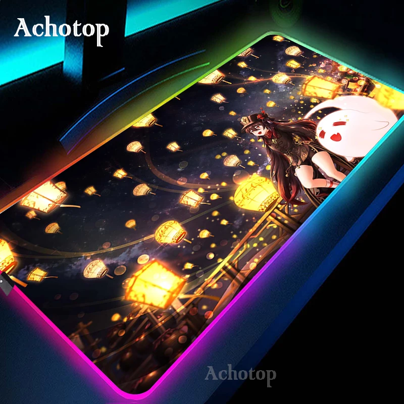 HU TAO Genshin Auswirkungen 80x30cm Computer Gaming Mouse Pad RGB PC Laptop Gamer Mauspad Anime Antislip Große LED Teppich Matte Backlit