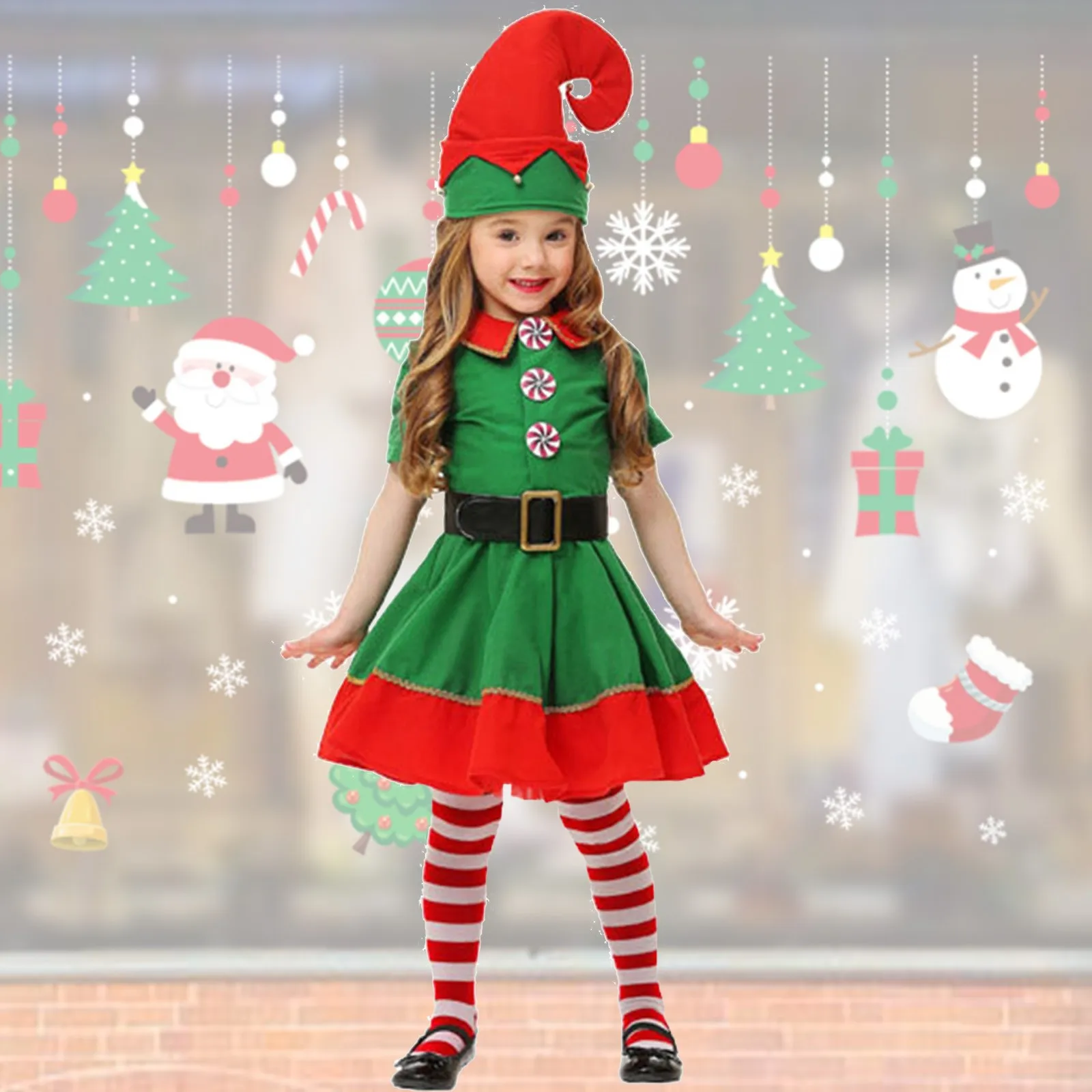 Robe et chapeau de costume d'elfe pour femmes et filles, robe de Noël pour enfants, soirée séparés ante, cosplay d'Halloween, ensemble de olympiques de vacances