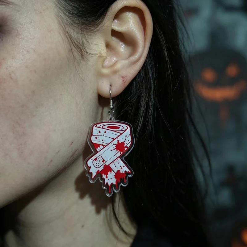 Scary white bloodstain bandage Halloween earrings Gothic style cosplay Halloween party niche stainless steel ear hook earrings