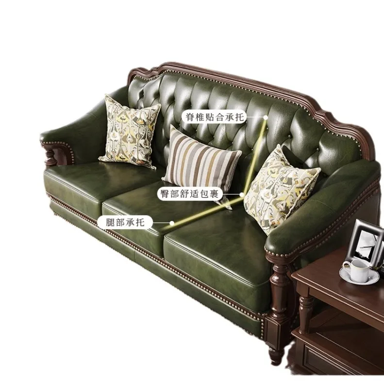 Vintage solid wood sofa, villa sofa 123 combination pull-button sofa, spacious living room simple furniture