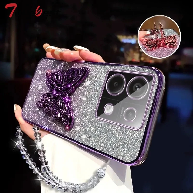 3D Butterfly Phone Holder Crystal Bracelet Glitter Plating Case for Xiaomi Redmi Note 13 12 11 11S 10 10S 9 8 Pro Plus 4G 5G