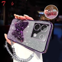 3D Butterfly Phone Holder Crystal Bracelet Glitter Plating Case for Xiaomi POCO X6 X5 X4 X3 NFC M4 M3 Pro 5G Back Cover