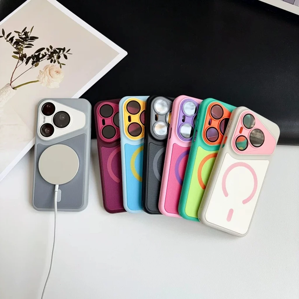 Fashion Fabric Texture Color Collision Large Camera Window Frame Magnetic Protective Phone Case for Huawei Pura 90 80 70 Pro Max