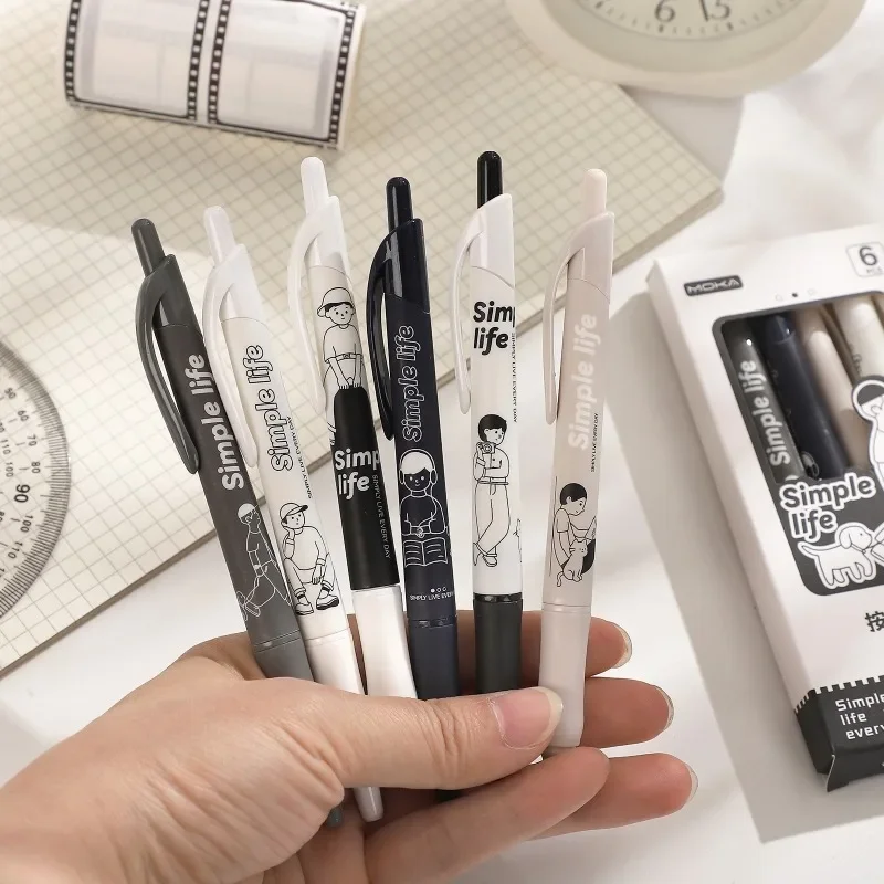 6 Pcs/set 0.5mm Black Quick Dry Kawaii Pen Set Simple Life Series Press Gel Pen Set Creative DIY Student Supplies Stationery