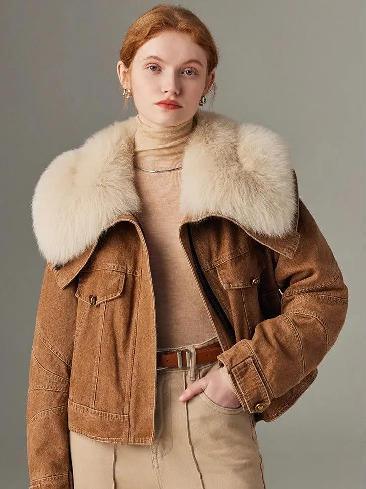 

2024 Autumn/Winter New Women's Fake Fur Jacket Casual Splicing Cowboy Down Cotton Jacket