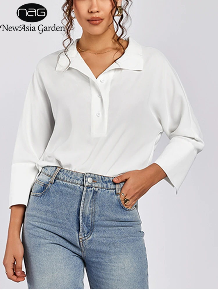 

NewAsia Women's Loose Casual Long-Sleeved Shirt Solid Color Spring Autumn Fashion Senior Breathable Fit Elegant Top Office Wear