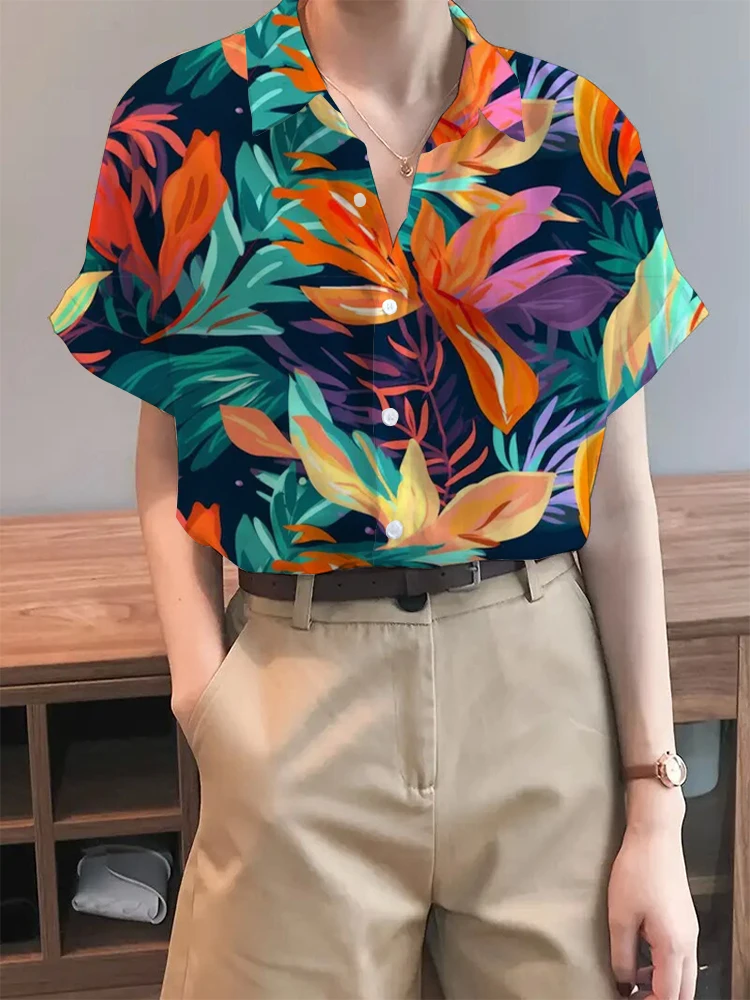 Holiday Style Printed Short Sleeve Shirt Ladies Lapel Button Short Sleeve Shirt Holiday Style Daily Elegant Casual Loose